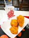 The combo set fried chicken with soft drink of Texas Chicken or Church`s Chicken at a restaurant.